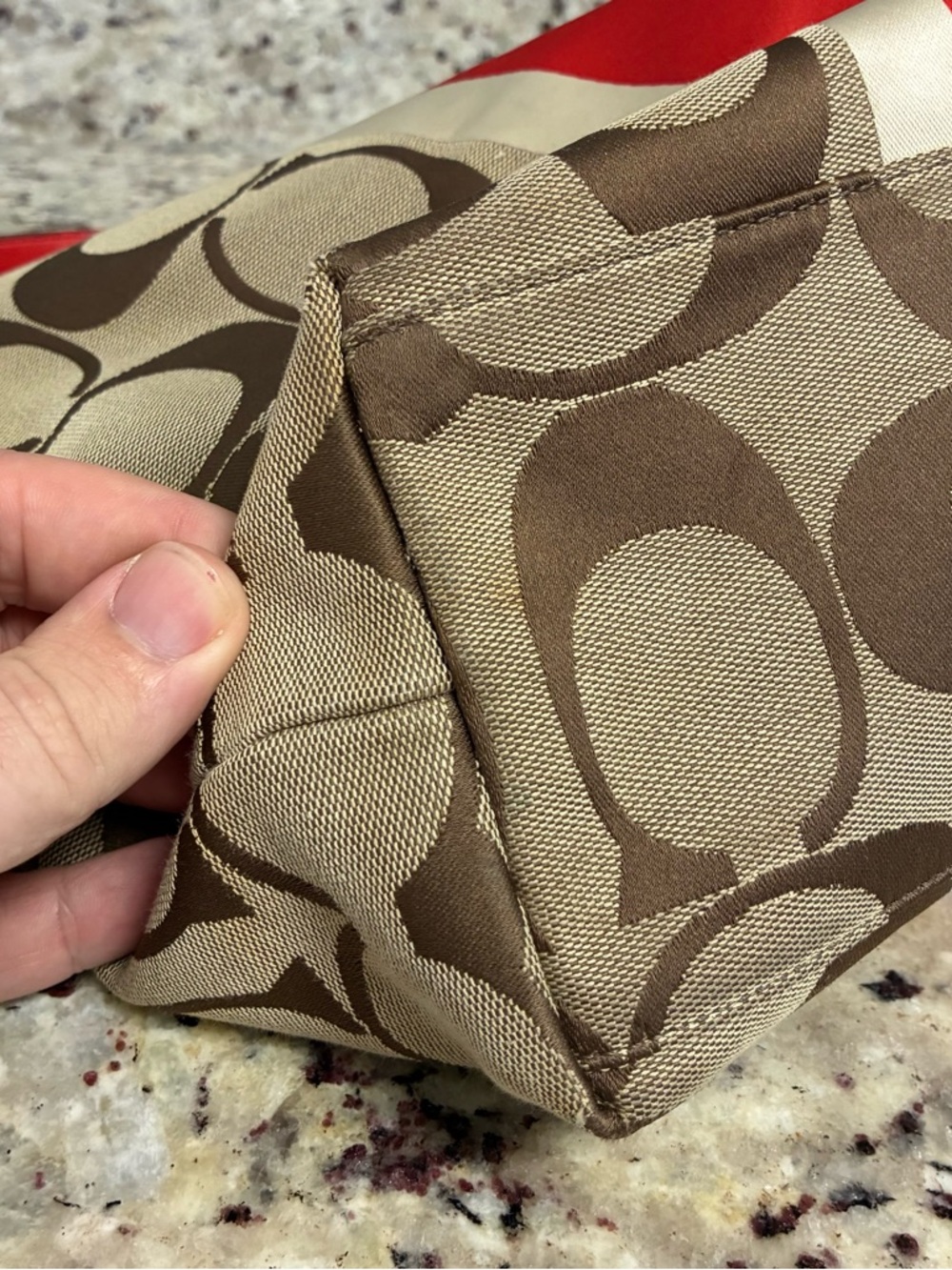 Coach Brown Signature Canvas Shoulder Bag with Red and Cream Stripe - Picture 7 of 8